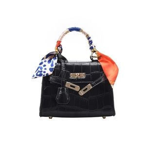 Chic Croc Embossed Faux Leather Mini Handbag w/ Strap & Twilly Scarf